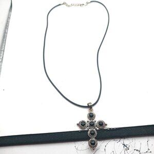 Black Stone Cross On Black Cord Choker Necklace 17"